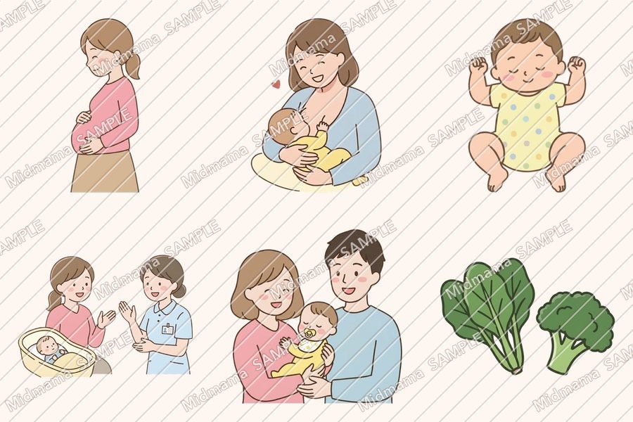 妊婦さん、授乳するママ、赤ちゃん、助産師への相談、家族、野菜のイラスト素材の見本